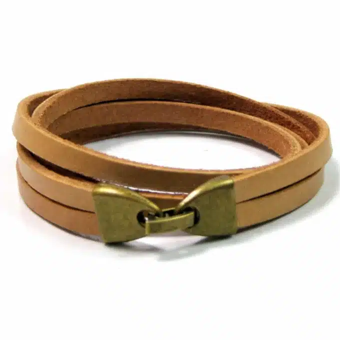 N2301e Bracelet Homme Cuir Marron Artisanal - Double Tour Et Fermoir Crochet Métal Bronze - Bijoux Bracelets hommes en ligne Ninanina