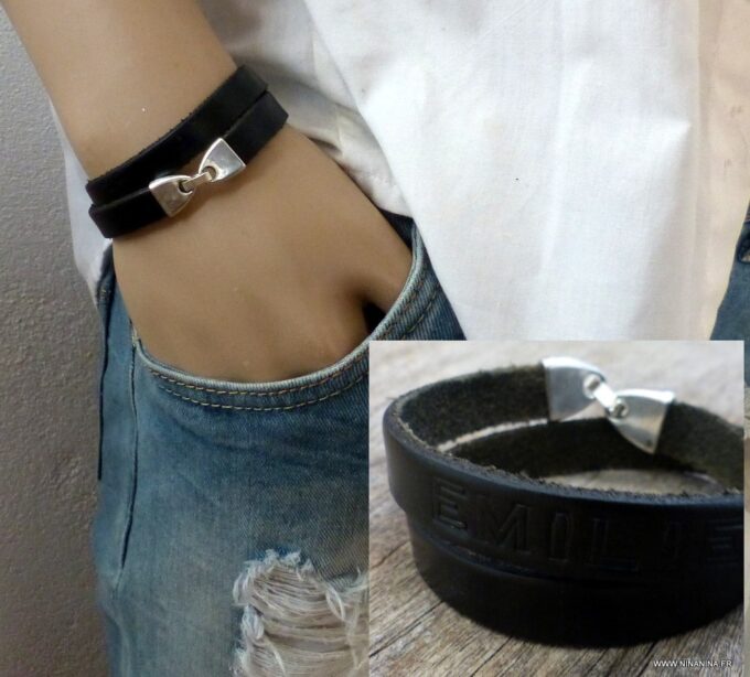 N2303 Bracelet 2 tours gravé personnalisé cuir et métal argenté - Bijoux Bracelets en ligne NINANINA