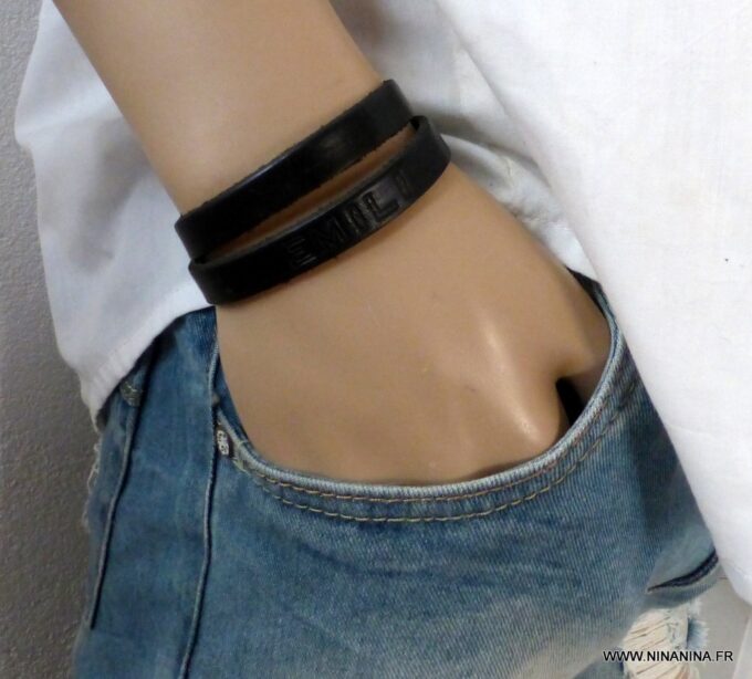 N2303b Bracelet 2 tours gravé personnalisé cuir et métal argenté - Bijoux Bracelets en ligne NINANINA