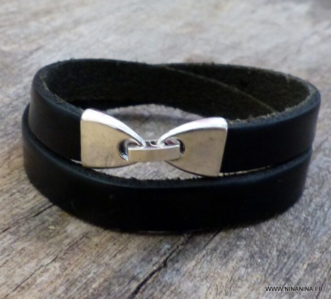 N2303c Bracelet 2 tours gravé personnalisé cuir et métal argenté - Bijoux Bracelets en ligne NINANINA