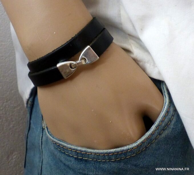 N2303d Bracelet 2 tours gravé personnalisé cuir et métal argenté - Bijoux Bracelets en ligne NINANINA