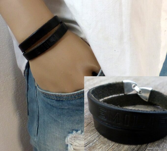 N2303e Bracelet 2 tours gravé personnalisé cuir et métal argenté - Bijoux Bracelets en ligne NINANINA