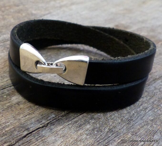 N2303j Bracelet 2 tours gravé personnalisé cuir et métal argenté - Bijoux Bracelets en ligne NINANINA