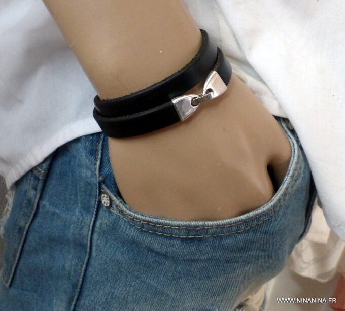 N2303l Bracelet 2 tours gravé personnalisé cuir et métal argenté - Bijoux Bracelets en ligne NINANINA