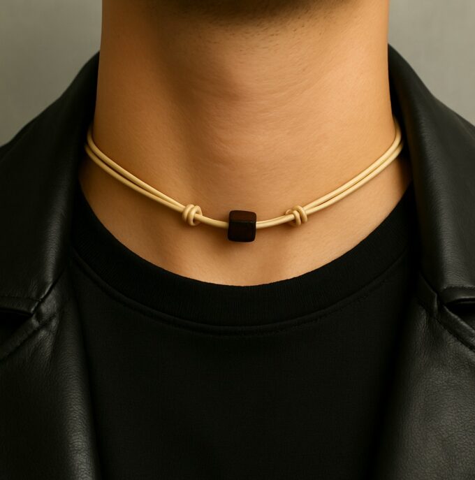 N2308a Collier cordon cuir homme noeud coulissant artisanal pas cher avec perle bois carrée - Bijoux Colliers hommes en ligne Ninanina