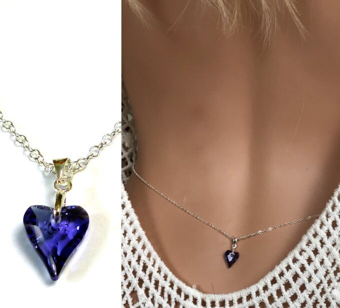 N2312 Chaine de taille coeur swarovski violet et argent massif