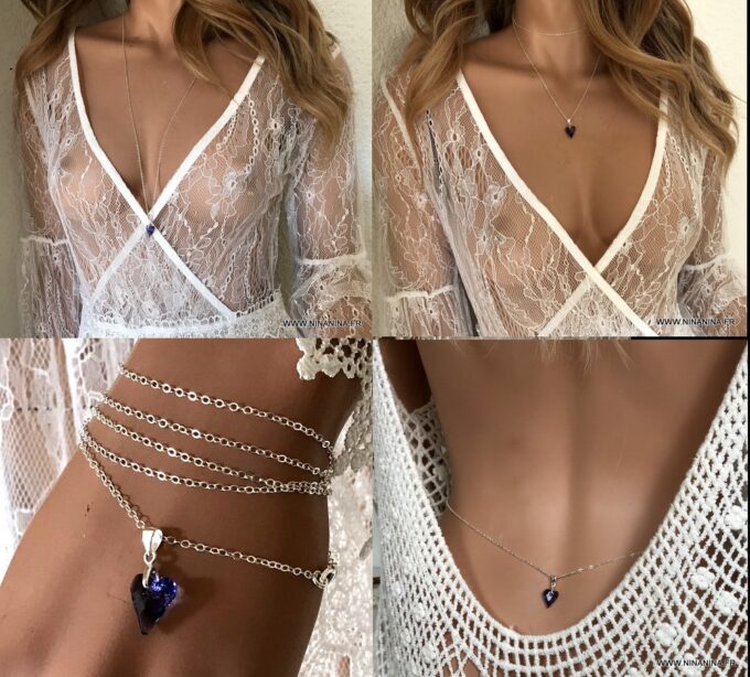 N2312a Chaine de taille coeur swarovski violet et argent massif