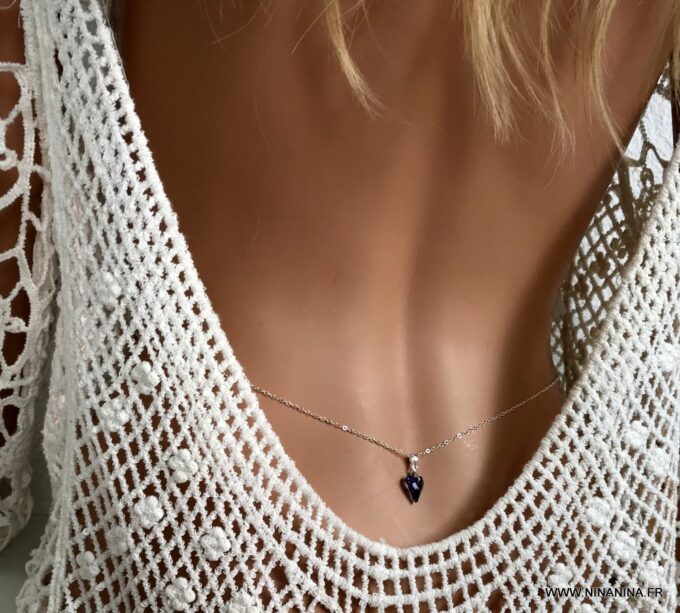 N2312b Chaine de taille coeur swarovski violet et argent massif