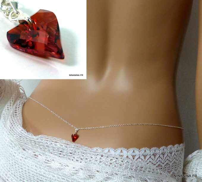 N2312TER chaine de taille argent massif coeur swarovski rouge