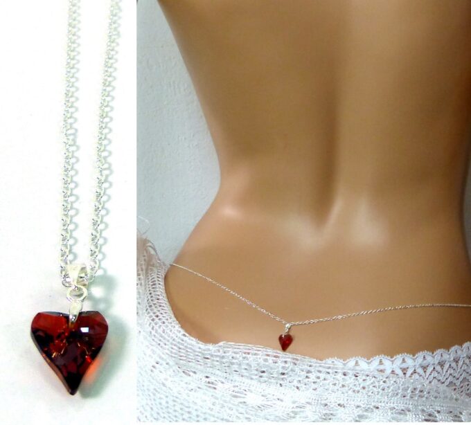 N2312TERc chaine de taille argent massif coeur swarovski rouge