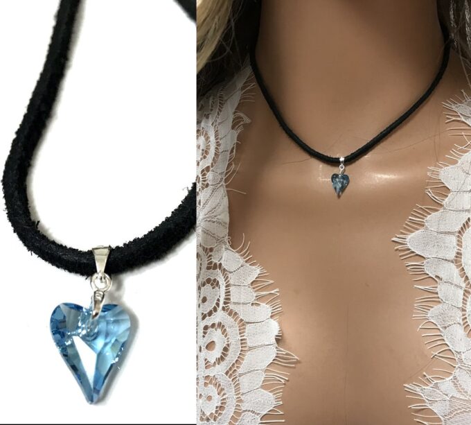 N2313 Collier Swarovski cristal bleu pendentif coeur et Argent femme - Bijoux Colliers en ligne Ninanina