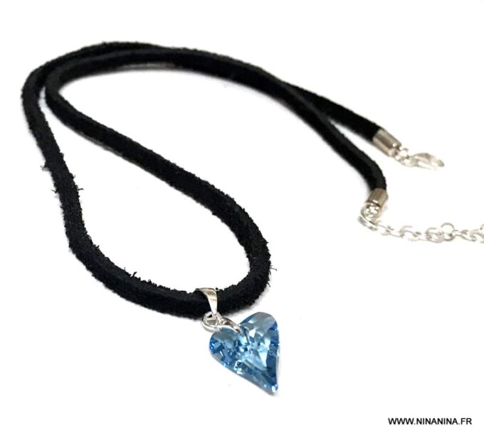 N2313b Collier Swarovski cristal bleu pendentif coeur et Argent femme - Bijoux Colliers en ligne Ninanina