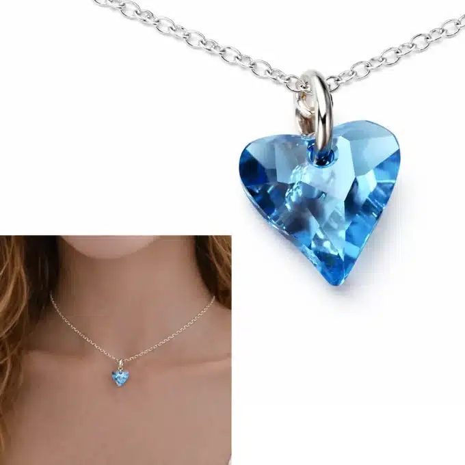 N2314c Collier Swarovski bleu artisanal - pendentif coeur cristal sur fine chainette en argent 925 - Bijoux Colliers femmes en ligne Ninanina