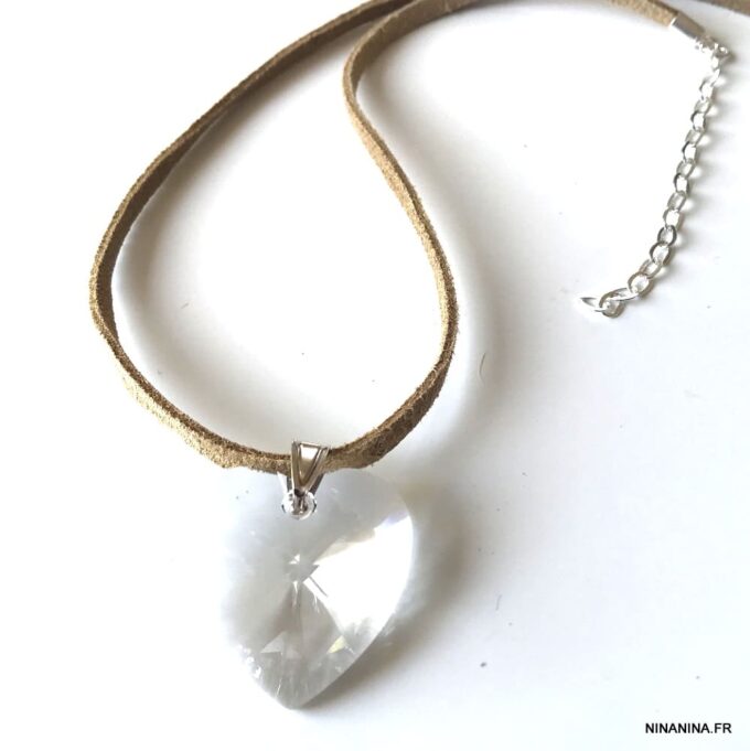 N2315f Pendentif coeur swarovski blanc collier cordon daim - Bijoux Colliers en ligne Ninanina