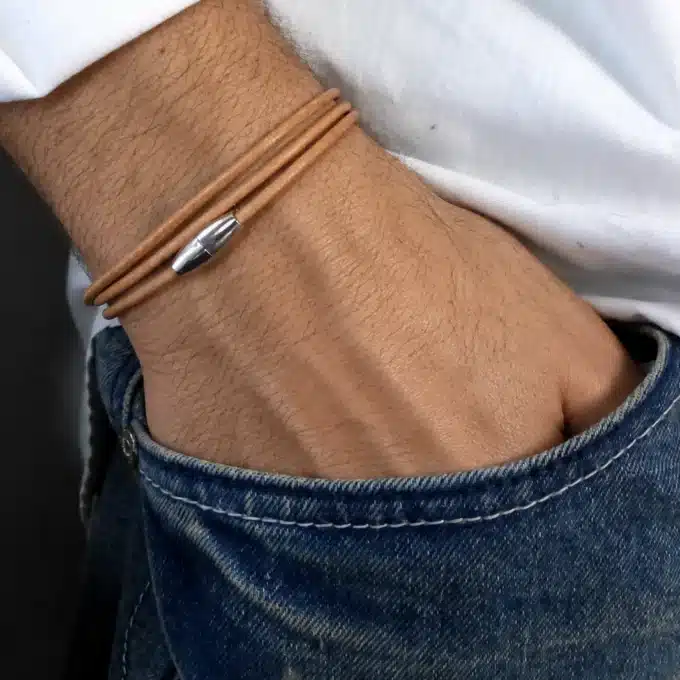 N2321 Bracelet homme multi tours cordon cuir fermoir acier aimanté - Bijoux bracelets hommes en ligne Ninanina