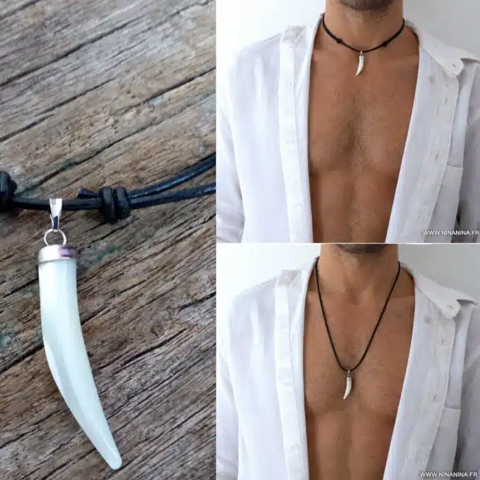 N2379 Collier homme pendentif griffe de tigre nacre blanche cordon cuir - Bijoux colliers hommes en ligne Ninanina