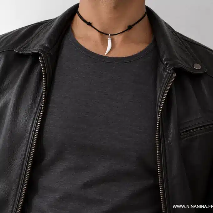 N2379a Collier homme pendentif griffe de tigre nacre blanche cordon cuir - Bijoux colliers hommes en ligne Ninanina