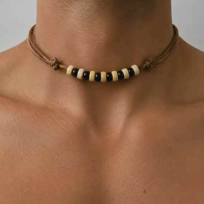 N2397 Collier homme perles de bois et argentées cordon cuir - Bijoux Colliers hommes en ligne Ninanina
