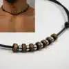 N2397a Collier homme perles de bois et argentées cordon cuir - Bijoux Colliers hommes en ligne Ninanina
