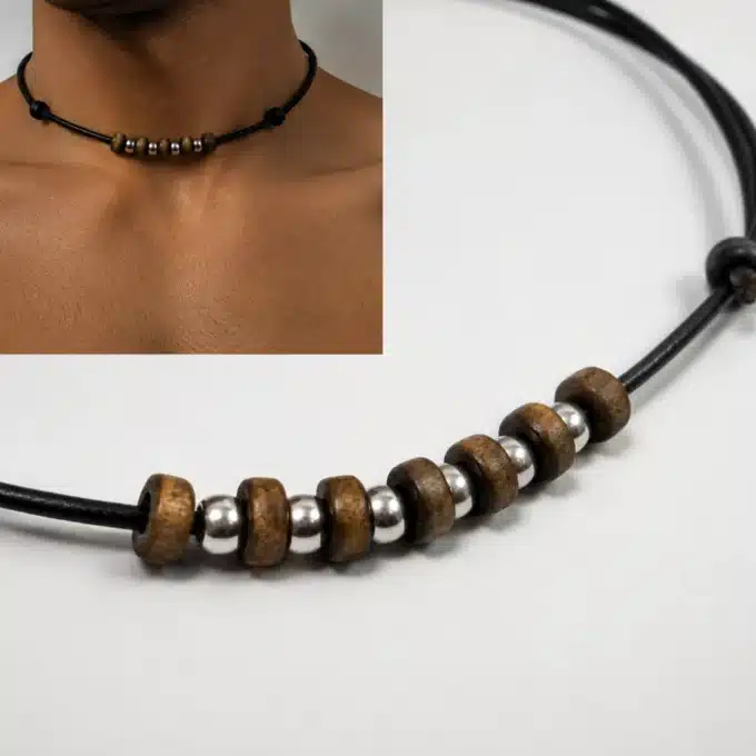 N2397a Collier homme perles de bois et argentées cordon cuir - Bijoux Colliers hommes en ligne Ninanina