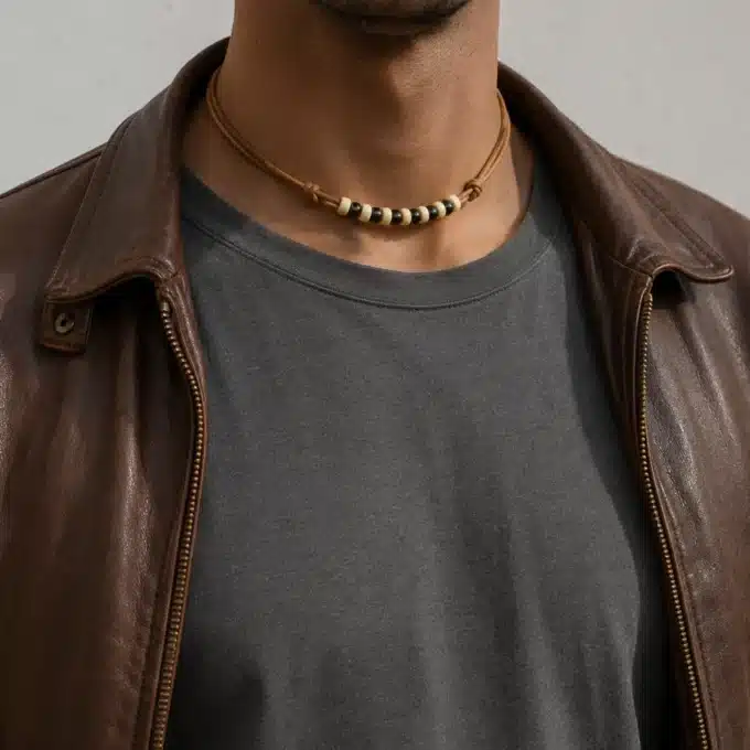 N2397b Collier homme perles de bois et argentées cordon cuir - Bijoux Colliers hommes en ligne Ninanina