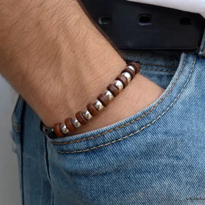 N2398 Bracelet rondelles de bois et argentées cordon cuir homme - Bijoux bracelets hommes en ligne Ninanina