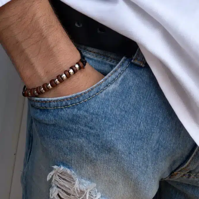 N2398a Bracelet rondelles de bois et argentées cordon cuir homme - Bijoux bracelets hommes en ligne Ninanina