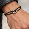 N2406A Bracelet homme anneau rond Acier argenté cordon cuir ajustable - Bijoux bracelets hommes en ligne Ninanina