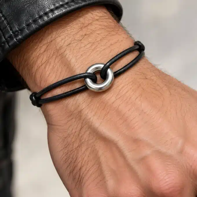 N2406A Bracelet homme anneau rond Acier argenté cordon cuir ajustable - Bijoux bracelets hommes en ligne Ninanina
