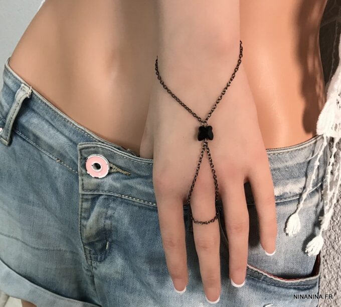 N2425 Bracelet bague Swarovski papillon cristal noir - Bijoux Bracelets en ligne Ninanina