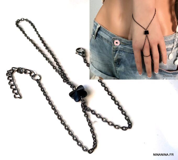 N2425c Bracelet bague Swarovski papillon cristal noir - Bijoux Bracelets en ligne Ninanina