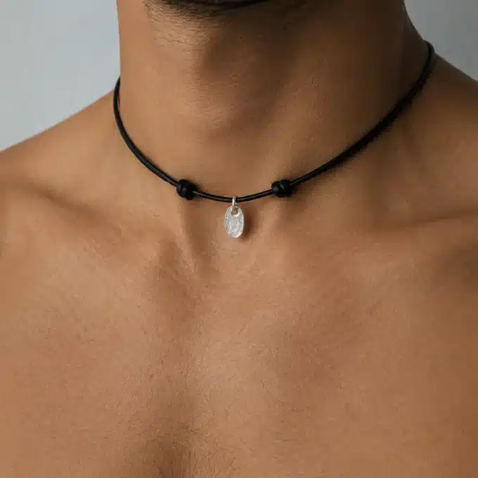 N2432 Collier breloque ovale Argent 925 massif cordon Cuir réglable - Bijoux Colliers hommes en ligne Ninanina