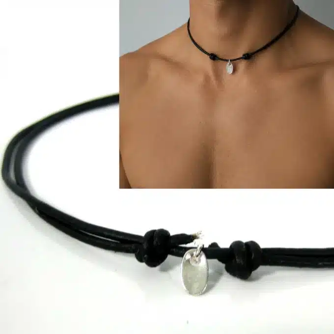 N2432a Collier breloque ovale Argent 925 massif cordon Cuir réglable - Bijoux Colliers hommes en ligne Ninanina