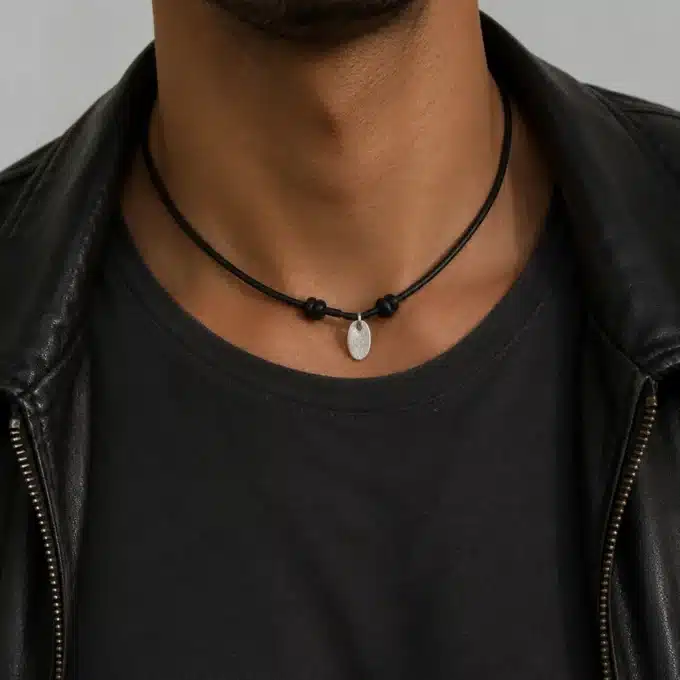 N2432b Collier breloque ovale Argent 925 massif cordon Cuir réglable - Bijoux Colliers hommes en ligne Ninanina