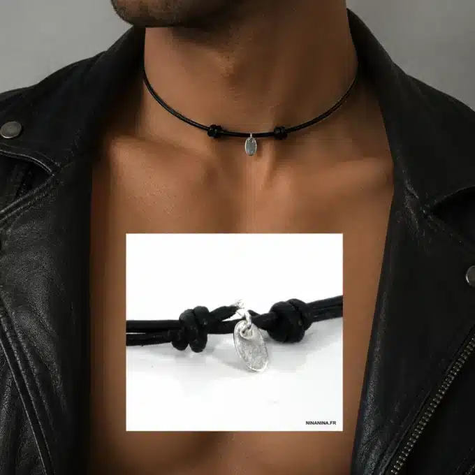 N2432c Collier breloque ovale Argent 925 massif cordon Cuir réglable - Bijoux Colliers hommes en ligne Ninanina
