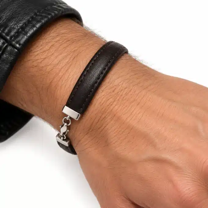 N2440 Bracelet homme cuir demi rond noir fermoir mousqueton argenté - Bijoux bracelets hommes en ligne Ninanina