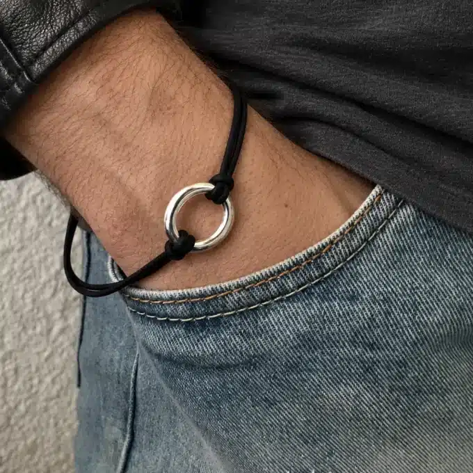 N2451 Bracelet anneau homme bombé argent plaqué cordon cuir - Bijoux bracelets hommes en ligne Ninanina