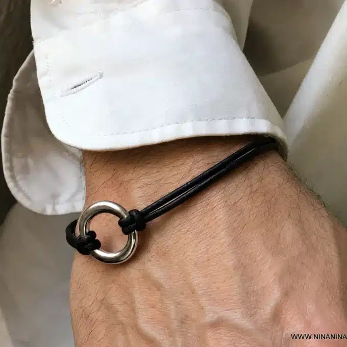 N2451b Bracelet anneau homme bombé argent plaqué cordon cuir - Bijoux bracelets hommes en ligne Ninanina
