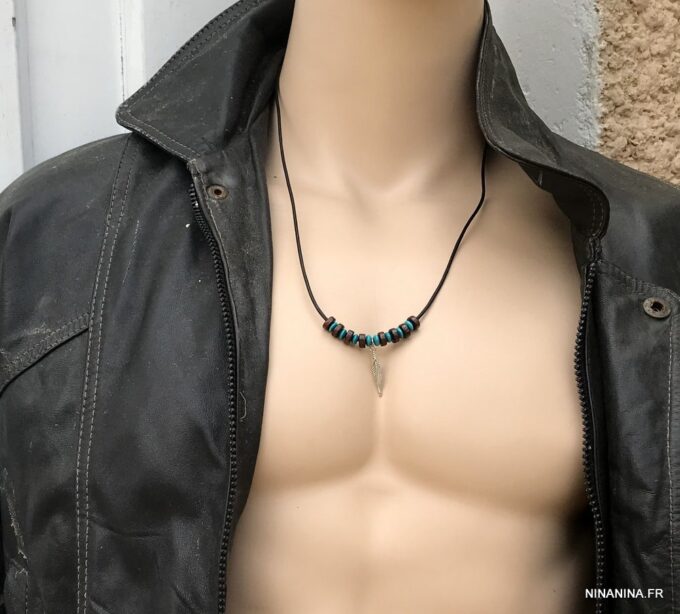 N2456a Collier plume homme sur cordon cuir ajustable - Bijoux Colliers en ligne Ninanina