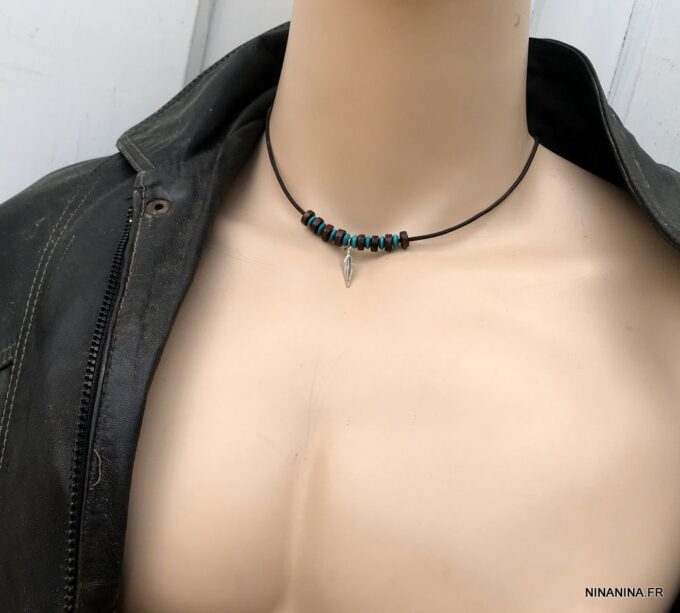 N2456b Collier plume homme sur cordon cuir ajustable - Bijoux Colliers en ligne Ninanina