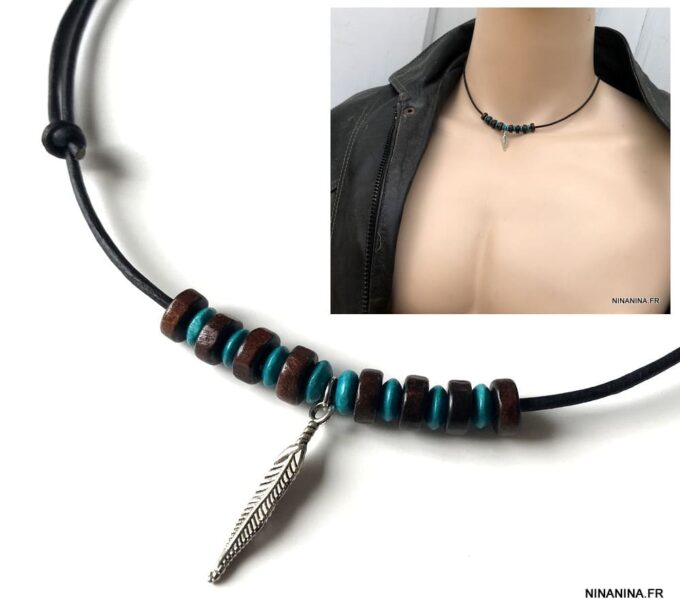 N2456c Collier plume homme sur cordon cuir ajustable - Bijoux Colliers en ligne Ninanina