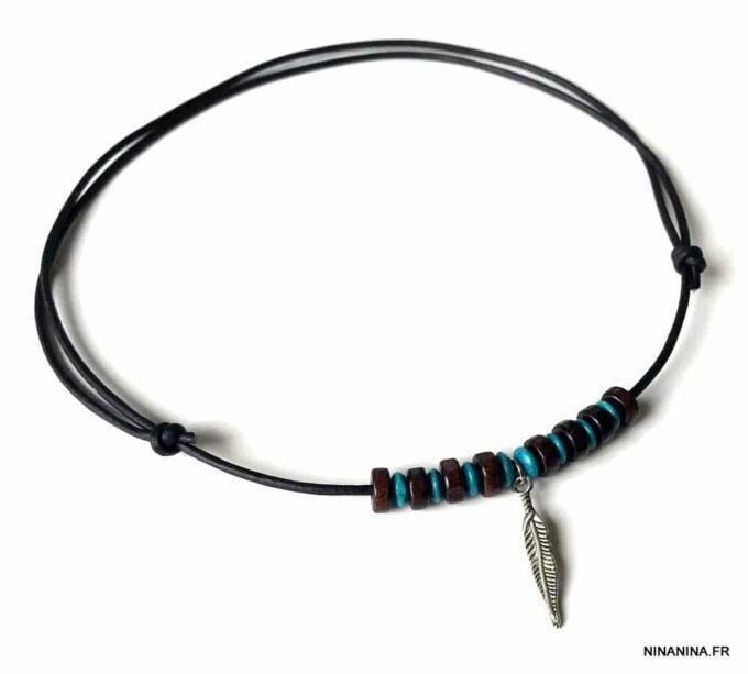 N2456f Collier plume homme sur cordon cuir ajustable - Bijoux Colliers en ligne Ninanina