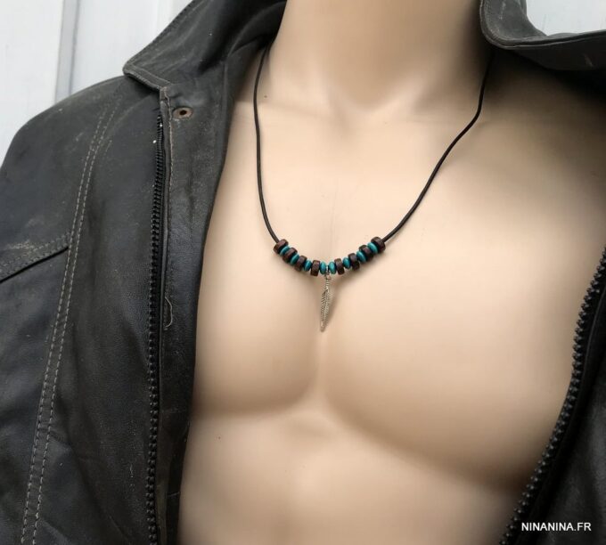 N2456g Collier plume homme sur cordon cuir ajustable - Bijoux Colliers en ligne Ninanina