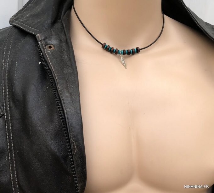 N2456h Collier plume homme sur cordon cuir ajustable - Bijoux Colliers en ligne Ninanina