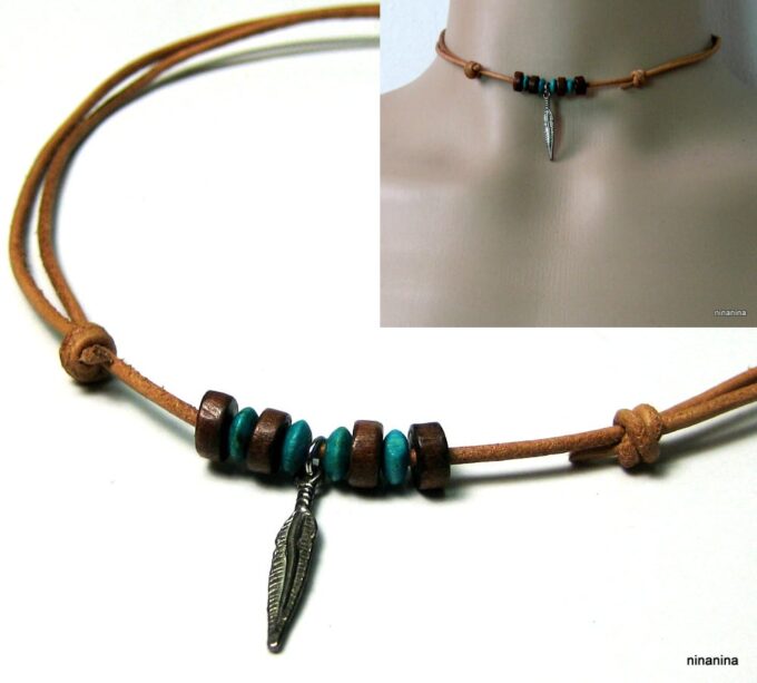 N2456ter collier cordon cuir homme et plume