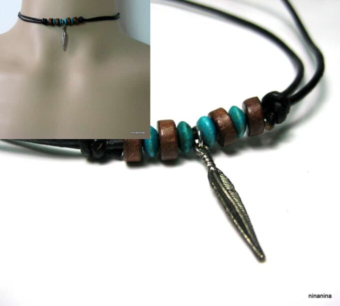 N2456terd collier cordon cuir homme et plume