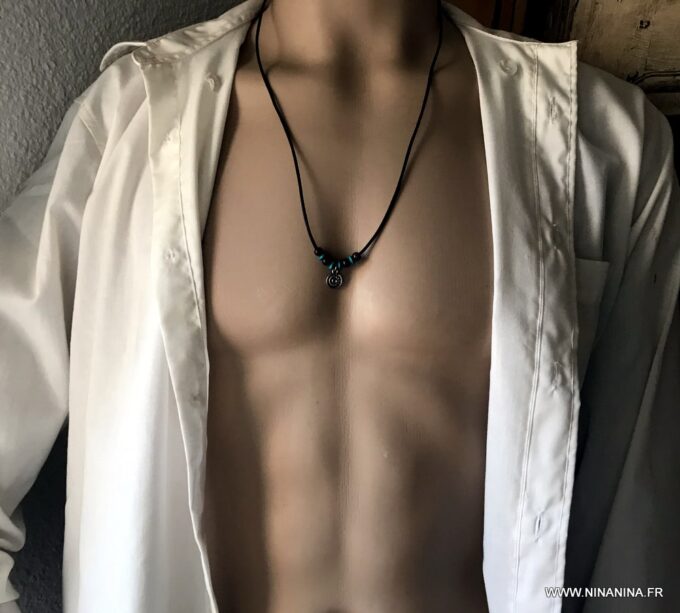 N2458b Collier cordon cuir homme ajustable perles bois - Bijoux Colliers en ligne Ninanina