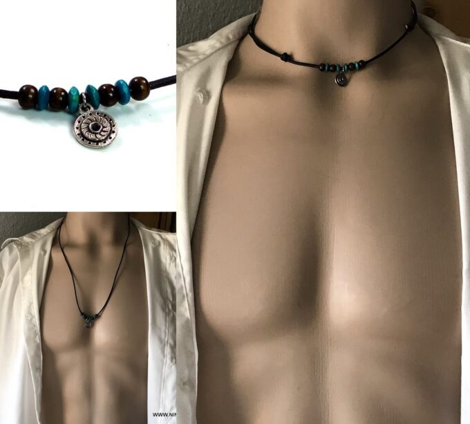 N2458d Collier cordon cuir homme ajustable perles bois - Bijoux Colliers en ligne Ninanina