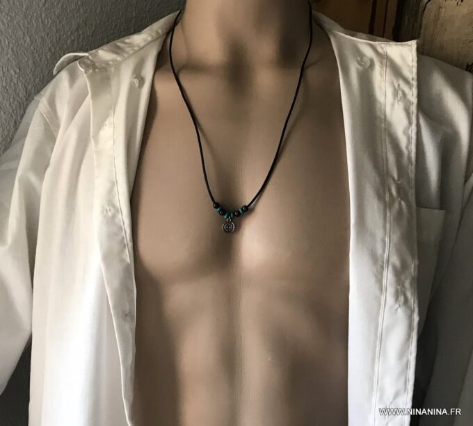 N2458e Collier cordon cuir homme ajustable perles bois - Bijoux Colliers en ligne Ninanina