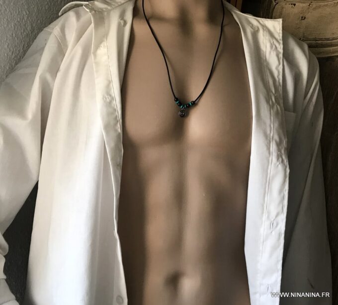 N2458g Collier cordon cuir homme ajustable perles bois - Bijoux Colliers en ligne Ninanina